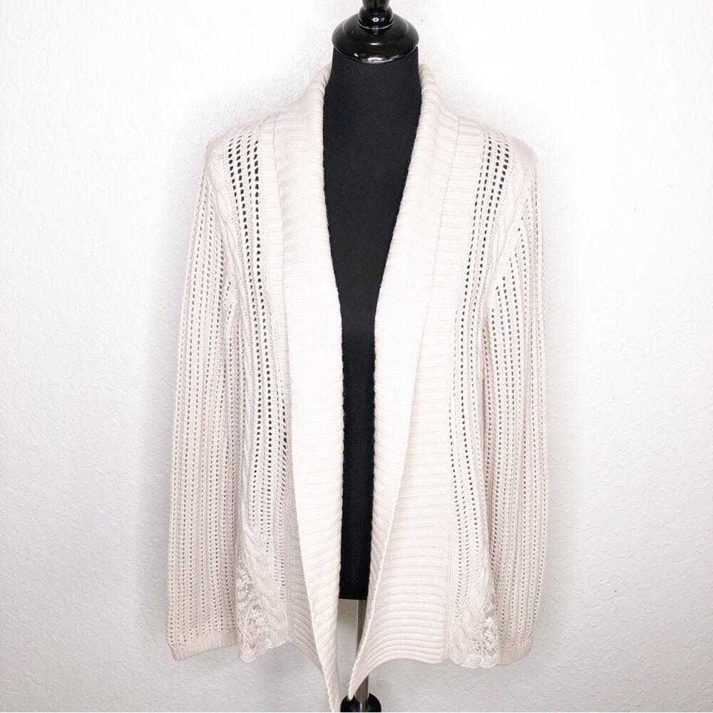 Garnet Hill cream crochet knit lace trim open front cardigan size Medium